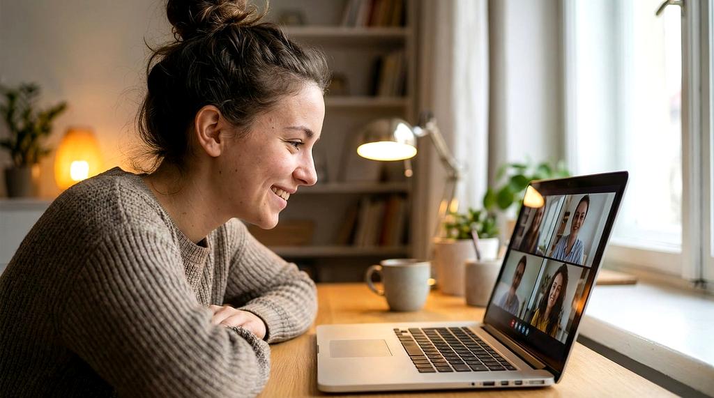 Team collaborating remotely with synchronized devices
